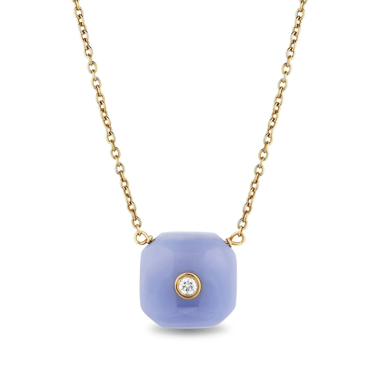 A necklace with a gold chain and a large, light blue, cube-shaped pendant featuring a single clear gemstone.