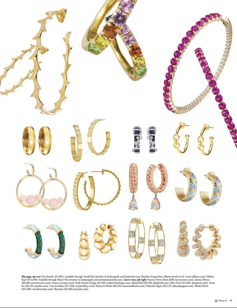 A collection of colorful and gold jewelry, including rings, earrings, and bracelets, arranged on a white background.