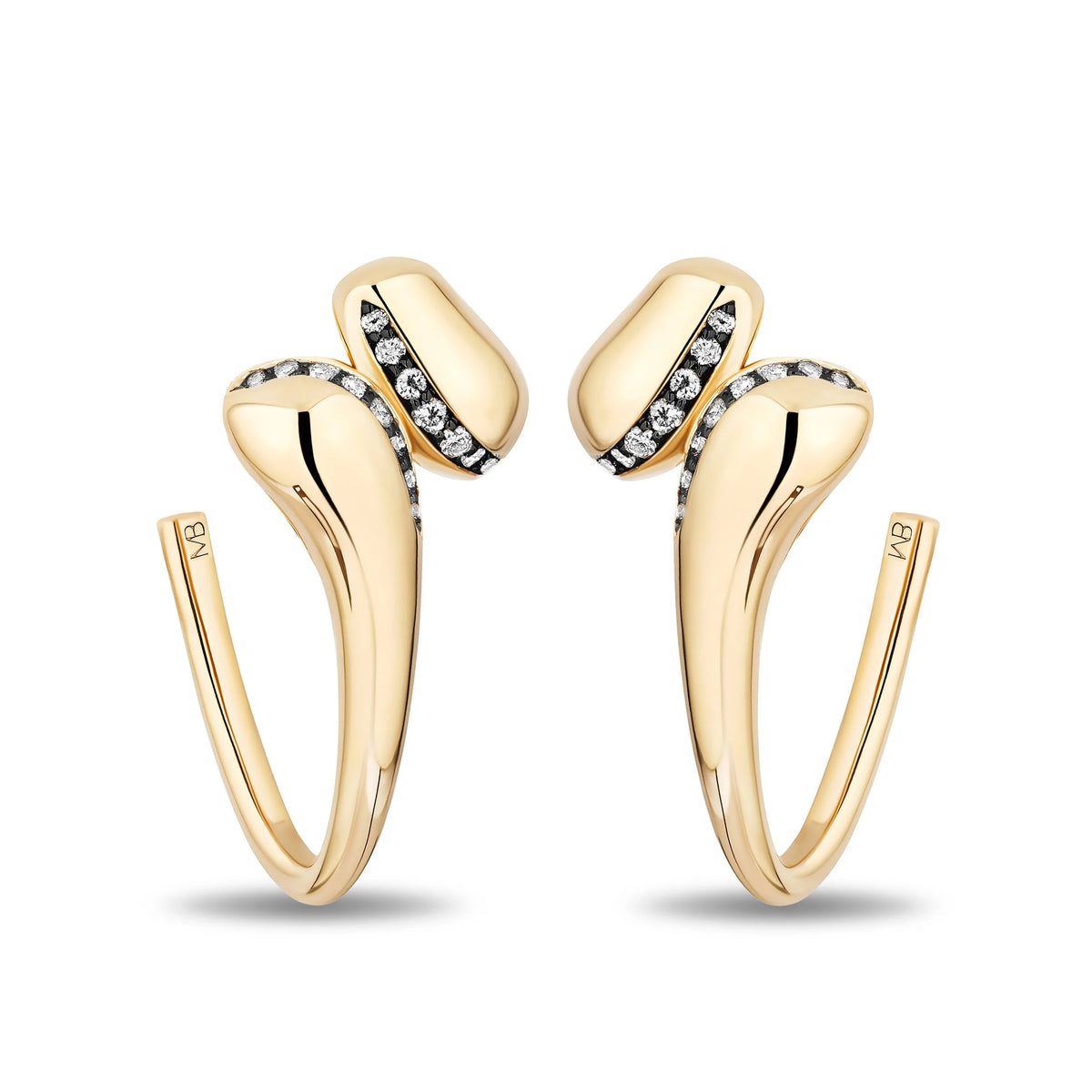 A pair of gold hoop earrings with curved, sculptural ends and rows of small diamonds, shown on a clean white background.