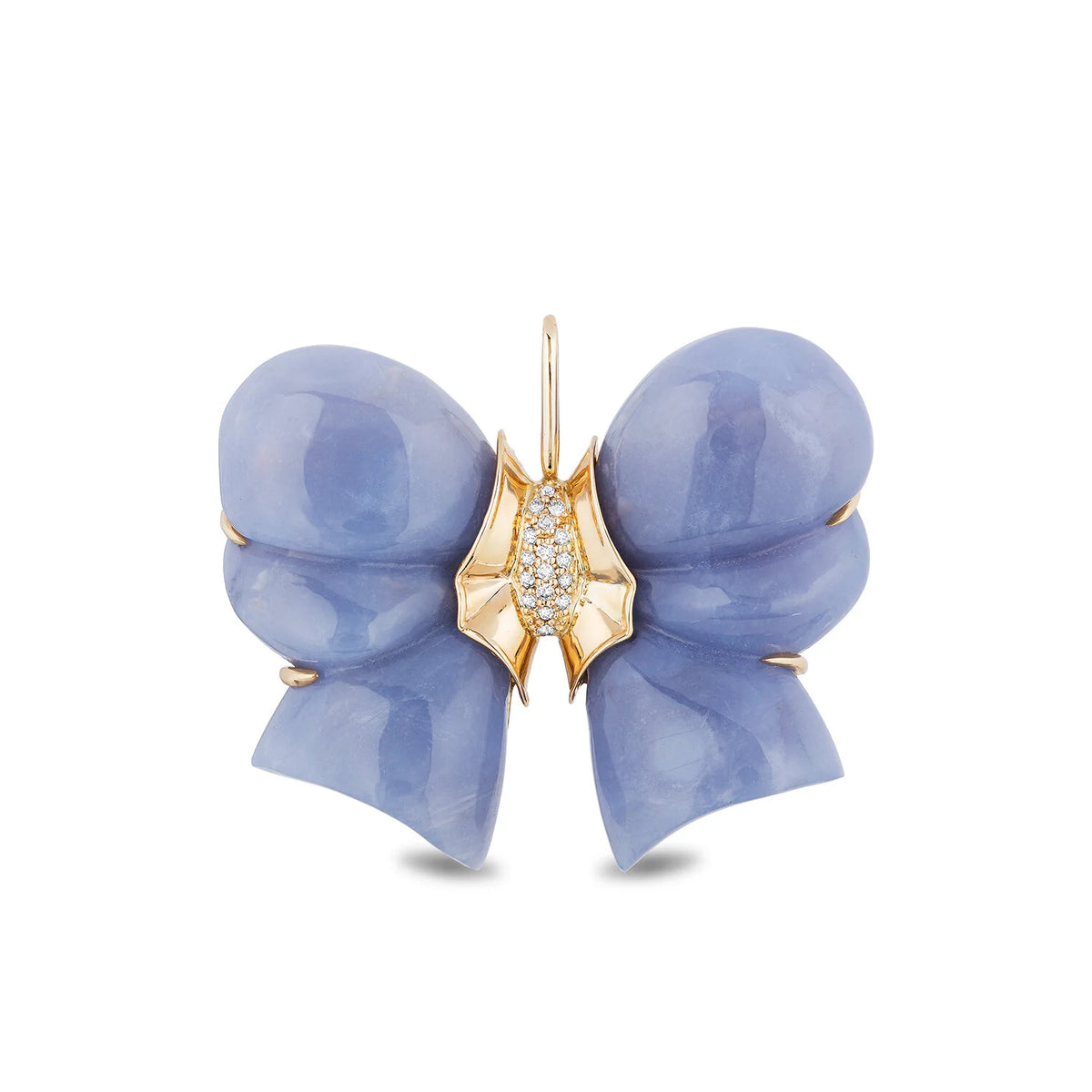 A butterfly-shaped jewelry piece featuring large, smooth light blue gemstone wings and a gold-toned center accented with small clear stones, shown on a plain white background.