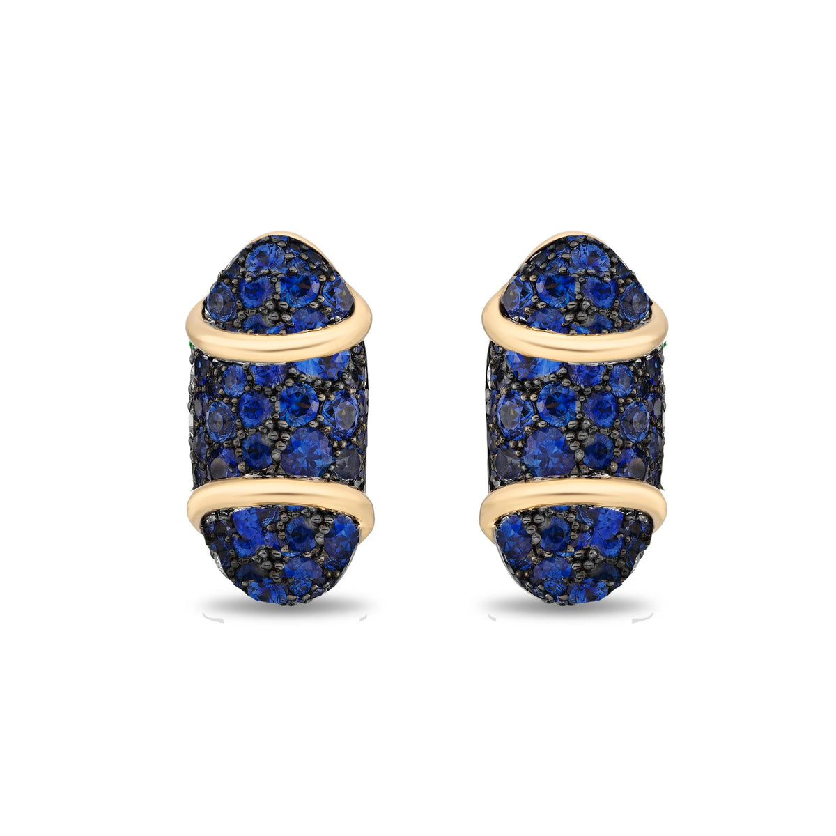 A pair of gold hoop earrings with marquise-shaped blue gemstone clusters, displayed on a clean white background.