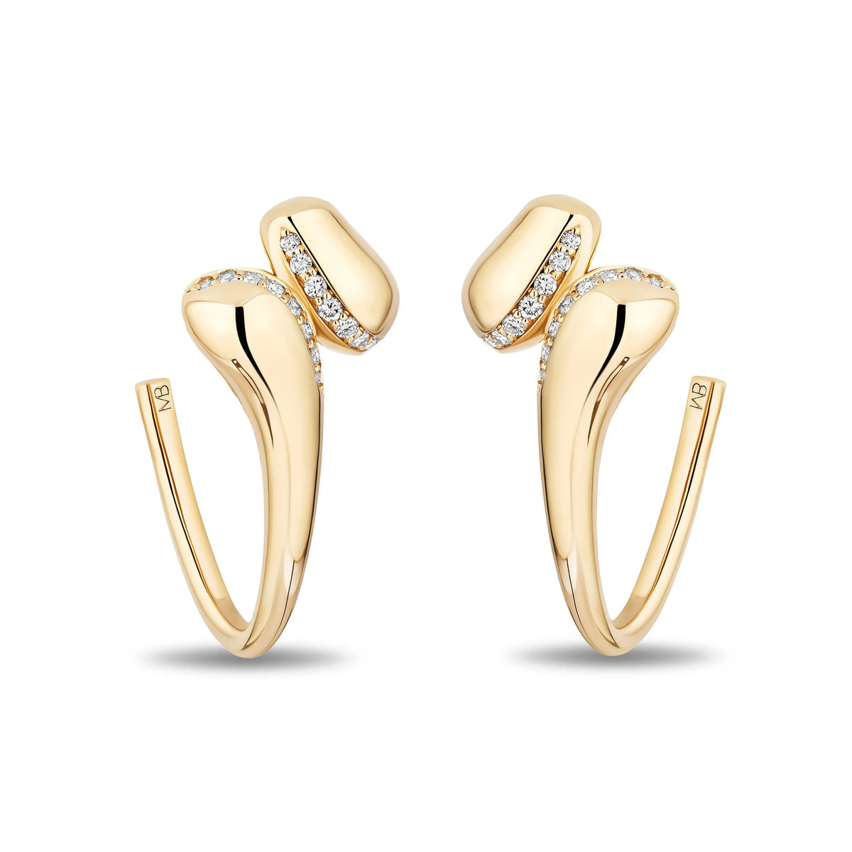 A pair of gold hoop earrings with a twisted, curved design and a row of small diamonds along the front, shown on a clean white background.