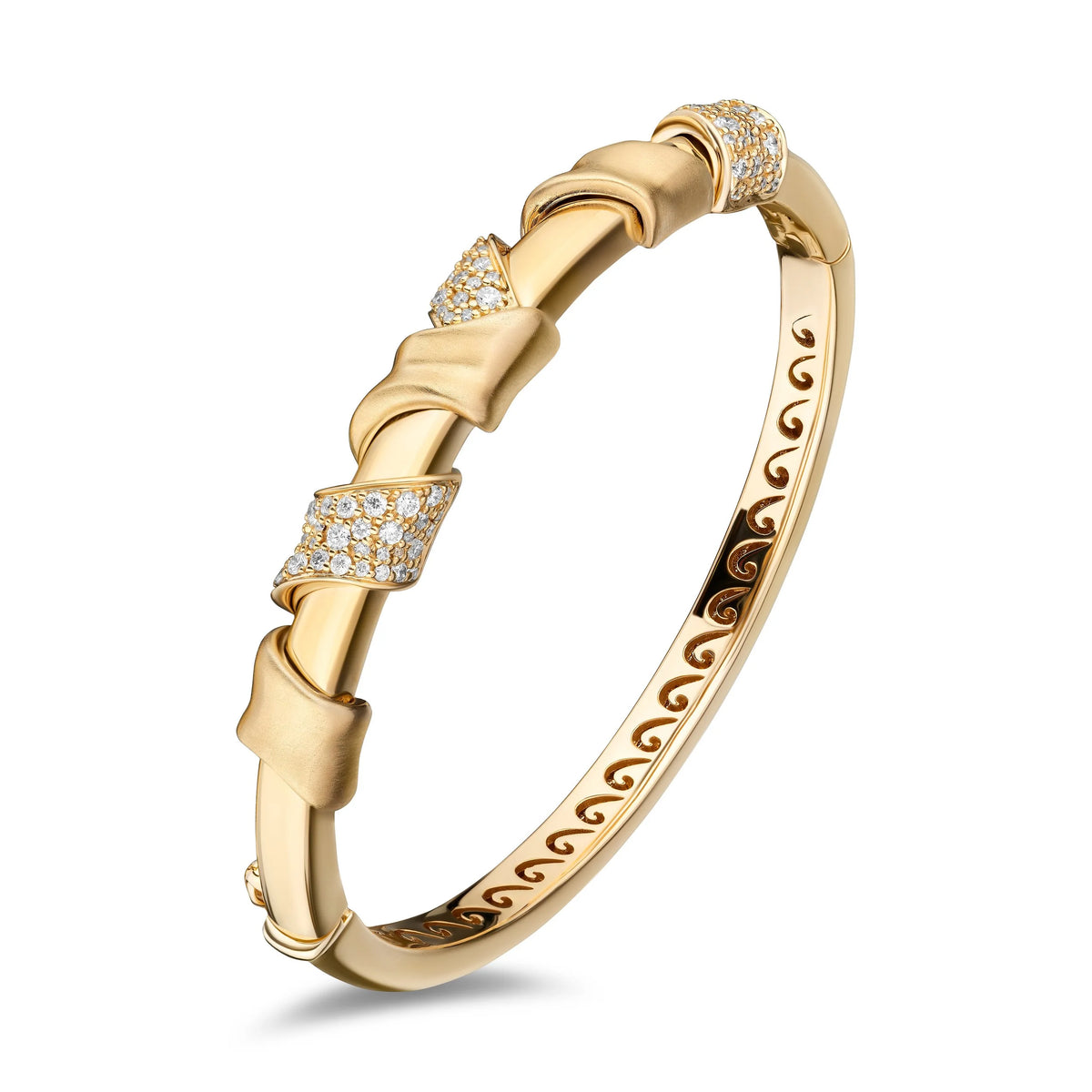 A yellow gold bangle bracelet featuring a series of sculpted, twisted links embellished with pavé-set clear stones, shown on a clean white background.