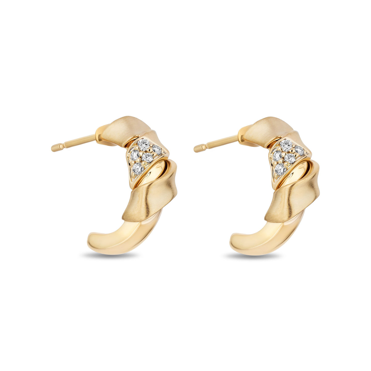 A pair of gold crescent-shaped hoop earrings with a textured, layered design and a small pavé diamond accent on each earring, shown against a plain white background.