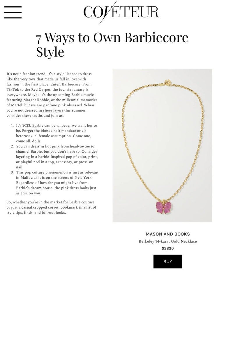 A webpage featuring a gold necklace with a pink butterfly charm, priced at $3830.