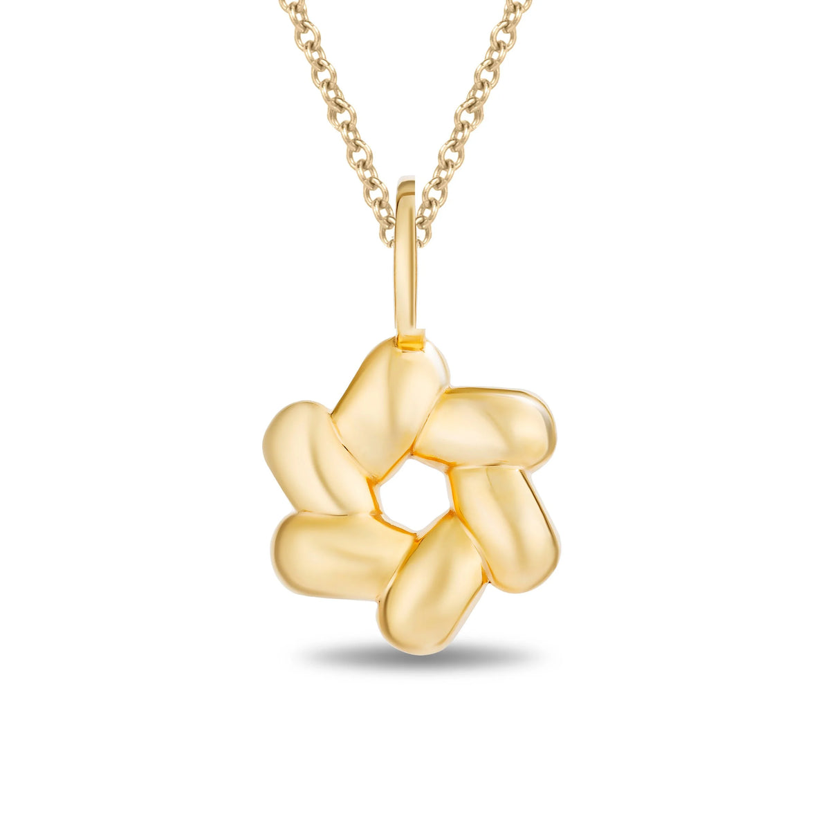 A gold pendant necklace featuring a textured, organic-shaped flower or knot design on a delicate gold chain, shown against a plain white background.