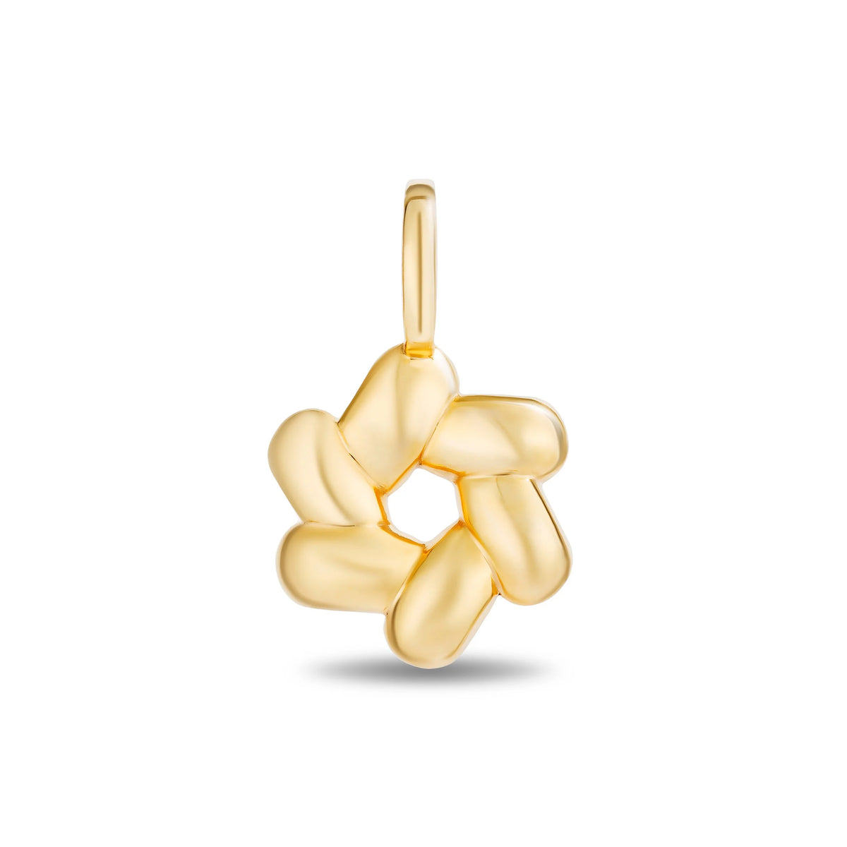 A gold pendant shaped like a stylized flower or knot, with a polished finish and a small top loop, centered on a plain white background.