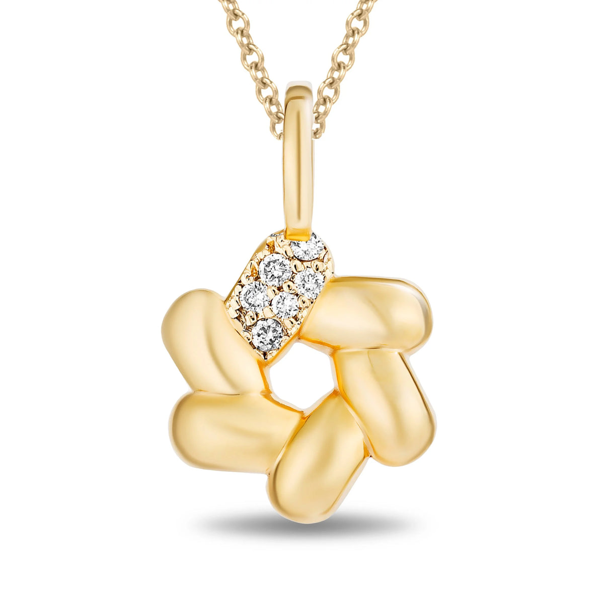 A gold pendant necklace featuring a stylized flower or knot-like form with a small cluster of clear stones at the top, shown on a white background.