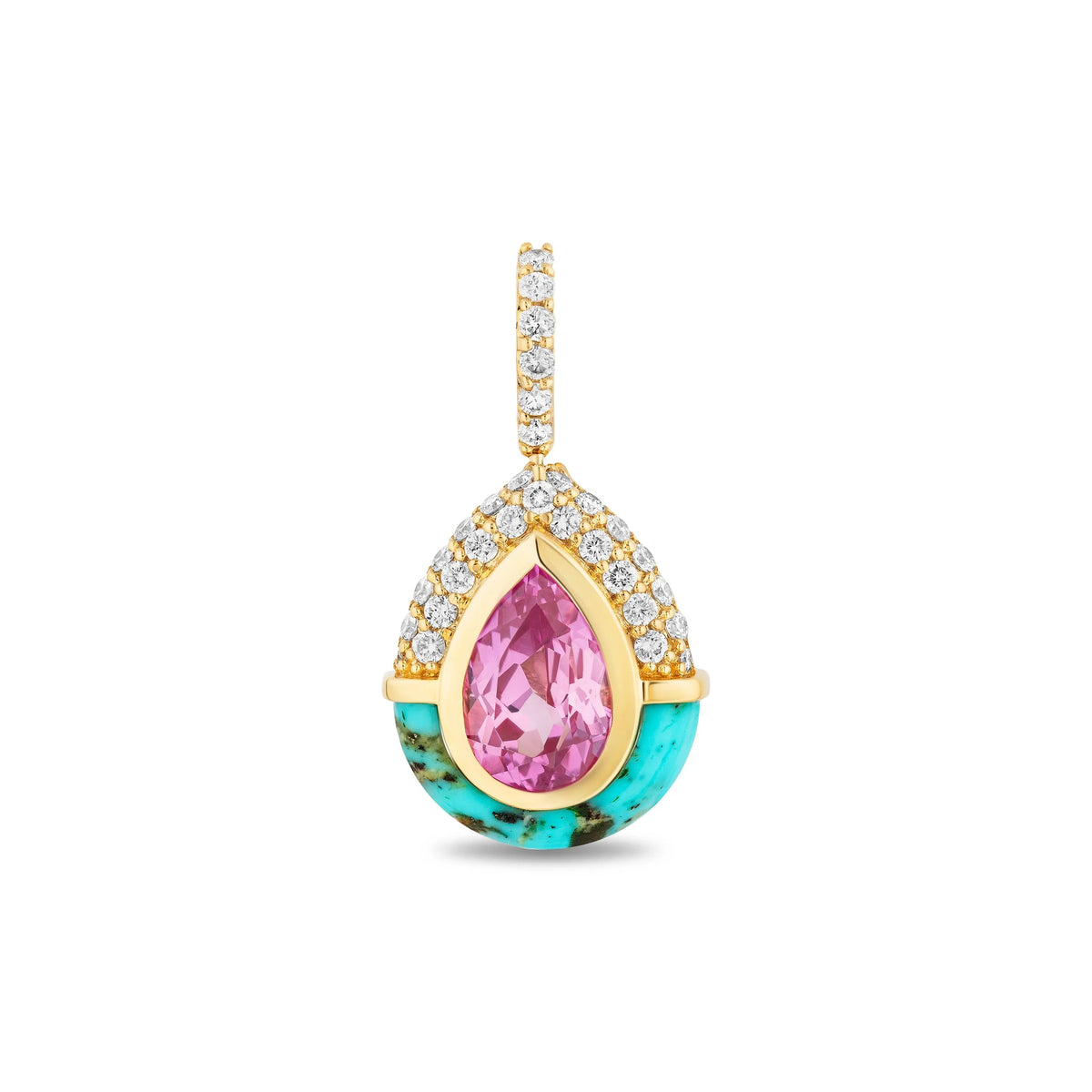 A teardrop-shaped pendant featuring a central pink gemstone, surrounded by a gold frame with small clear stones and a turquoise-colored lower section, shown on a plain white background.