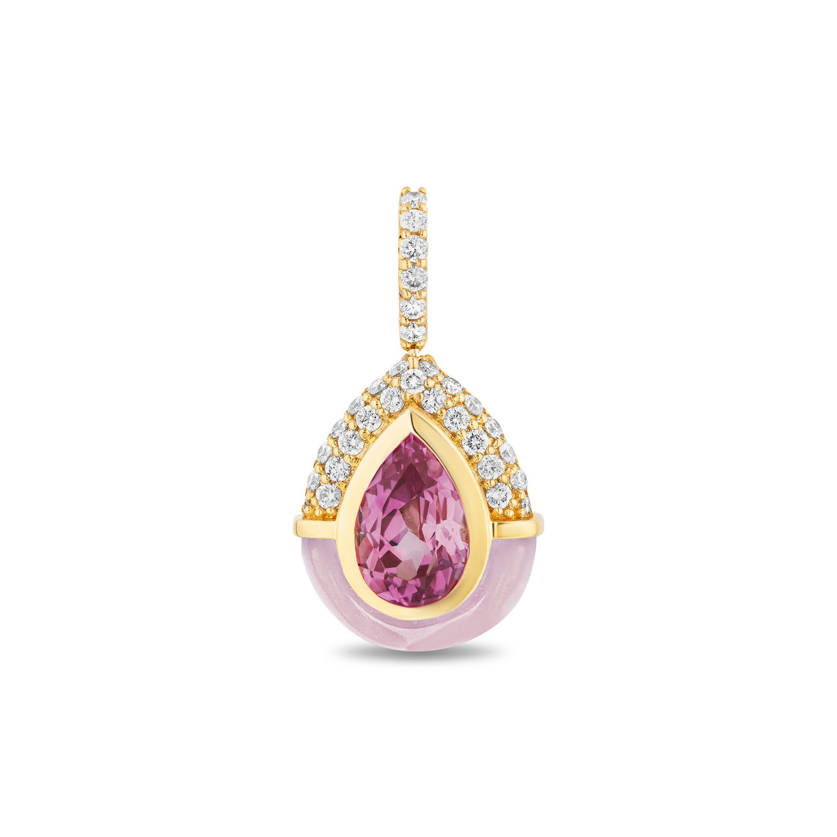 A teardrop-shaped pendant featuring a central pink gemstone, surrounded by a gold frame with a row of small clear stones, and a smooth light pink lower section, shown on a plain white background.