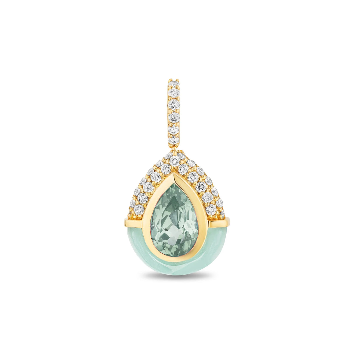 A pear-shaped pendant featuring a light green gemstone surrounded by a gold frame, with a halo of small clear stones above and a smooth light green curved section at the bottom, shown on a plain white background.
