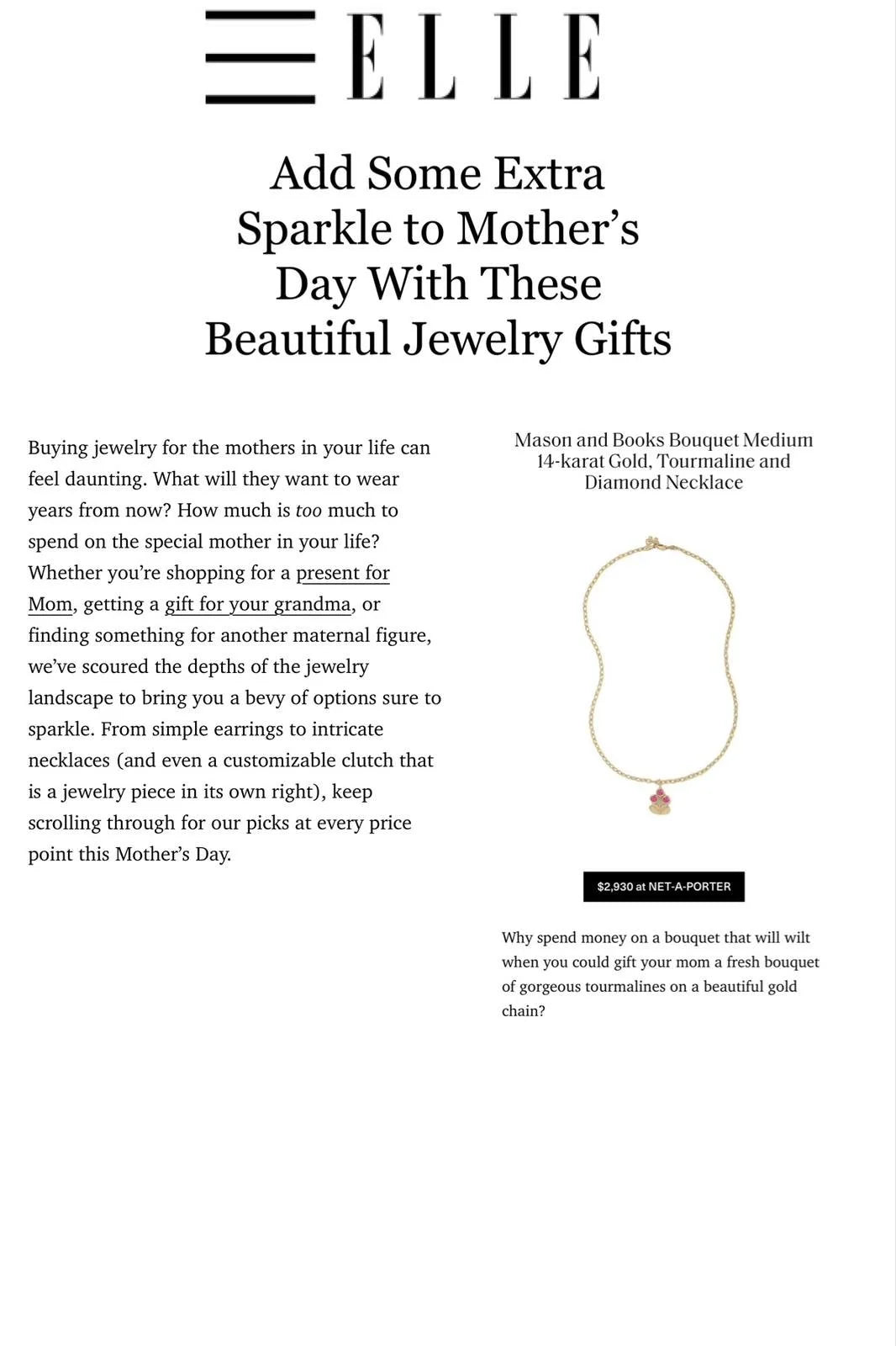 Magazine page featuring jewelry gift ideas for Mother's Day, including a gold necklace with pink and gold charms, priced at $2,930.