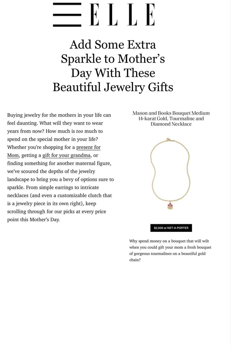 Magazine page featuring jewelry gift ideas for Mother's Day, including a gold necklace with pink and gold charms, priced at $2,930.