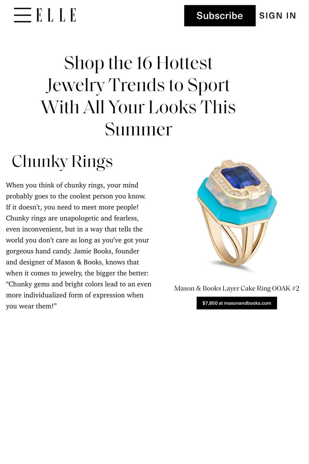 Magazine page from Elle featuring an article about trendy jewelry, a statement chunky ring with a blue gemstone, priced at $7,850.