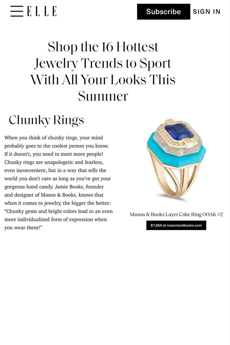Magazine page from Elle featuring an article about trendy jewelry, a statement chunky ring with a blue gemstone, priced at $7,850.