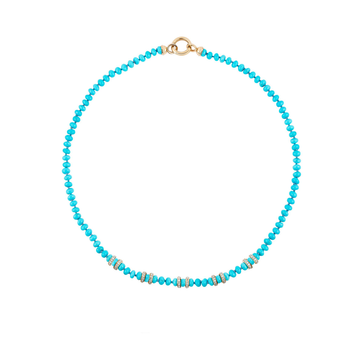 A delicate beaded necklace featuring small, faceted turquoise-blue beads with gold spacer accents and a gold clasp, displayed on a clean white background.