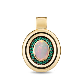 A gold oval pendant featuring a central iridescent opal-like stone surrounded by a halo of small green stones, set against a clean white background.