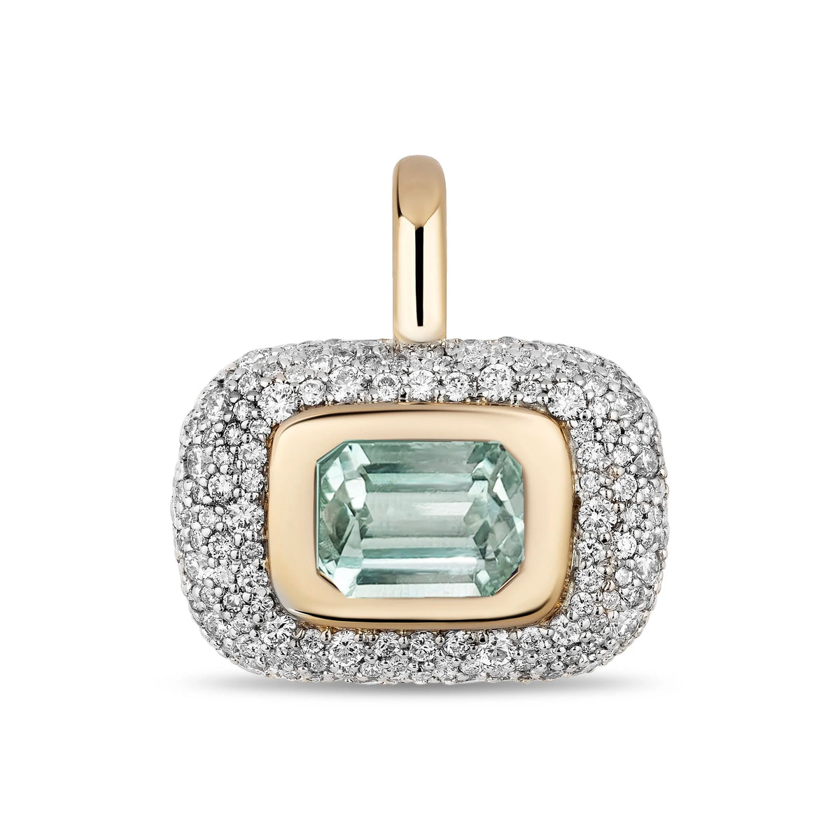 A rectangular pendant featuring a central mint green tourmaline gemstone surrounded by pave diamonds, set in a gold-tone frame with a polished bail, shown on a plain white background.
