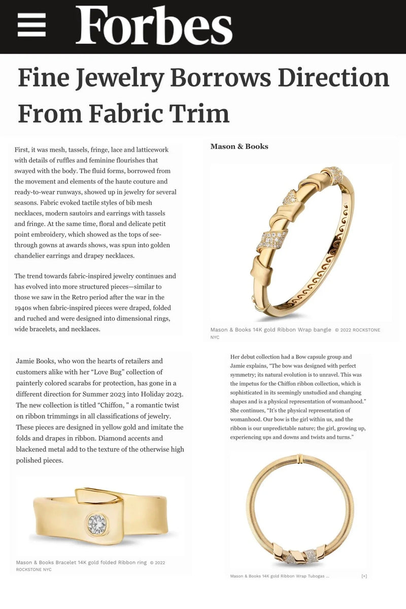 Forbes article about jewelry, featuring images of gold rings and bracelets with diamond accents.