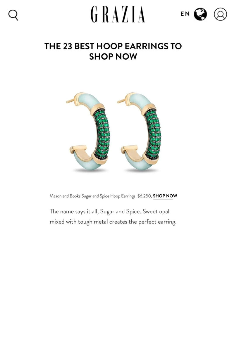Grazia webpage featuring Mason and Books Sugar and Spice Hoop Earrings, priced at $6,250.