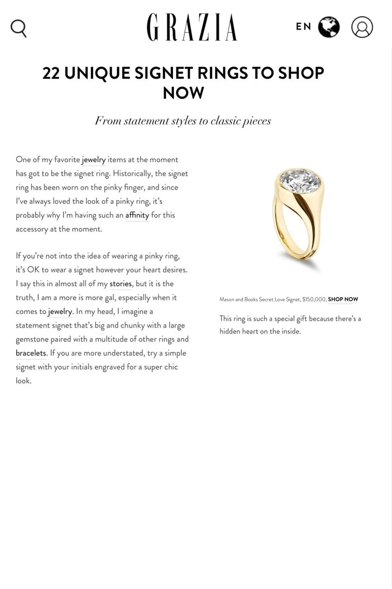 A webpage from Grazia showcasing a gold signet ring with a large diamond.