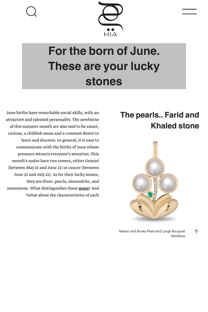 A webpage discussing June birthstones featuring a gold jewelry pendant with three large pearls, diamonds, and emerald accents.