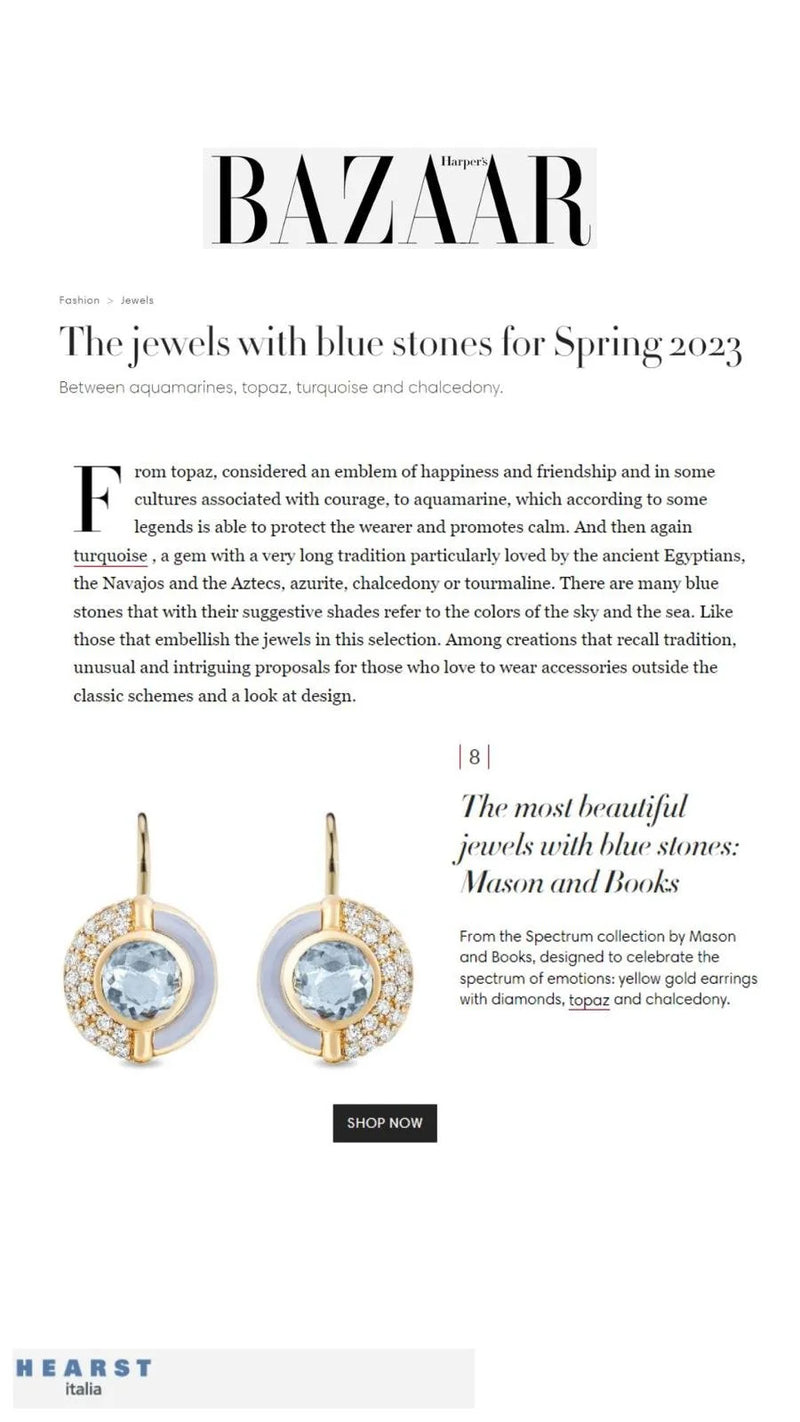 An article from Harper's Bazaar featuring blue stone jewelry for spring 2023.