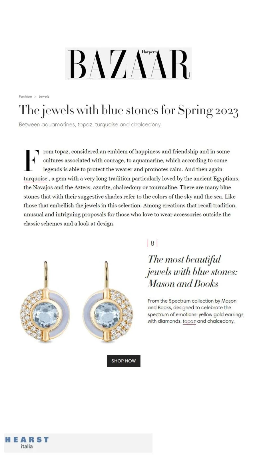 An article from Harper's Bazaar featuring blue stone jewelry for spring 2023.