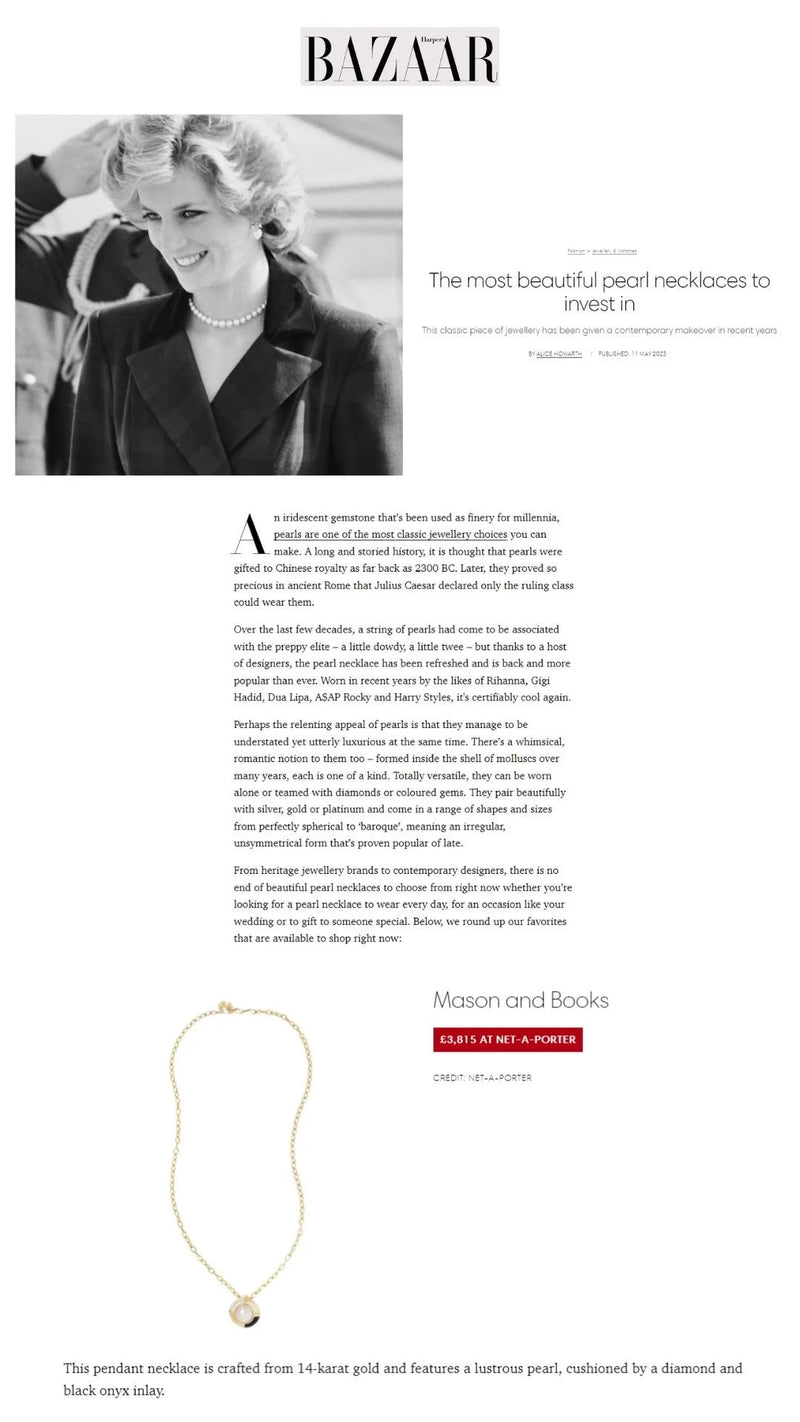 Black and white magazine article from Harper's Bazaar titled The most beautiful pearl necklaces to invest in.