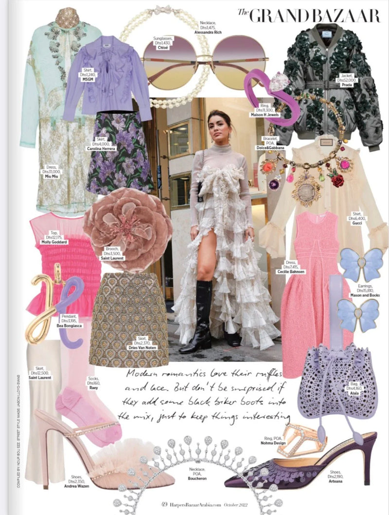 Fashion collage featuring a model in a layered white ruffled dress with thigh-high black boots, surrounded by various clothing items and accessories.