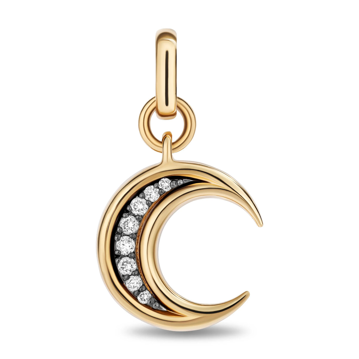 A gold crescent moon pendant charm featuring a row of clear pavé-set diamonds stones along the inner curve, shown on a clean white background.