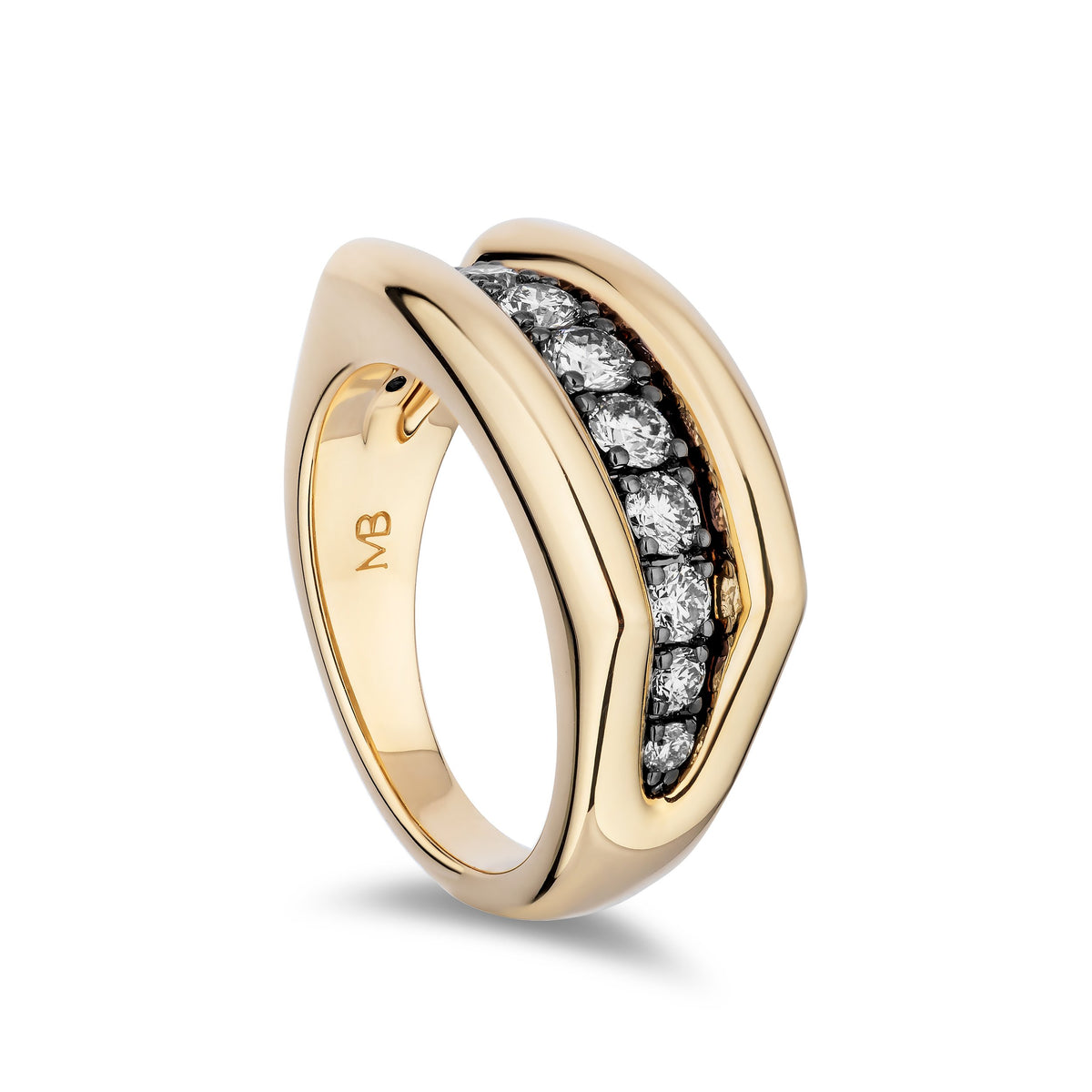 A yellow gold ring with a curved, multi-band design featuring a channel-set row of clear diamonds on the front. The inner band is engraved with 'MB'.