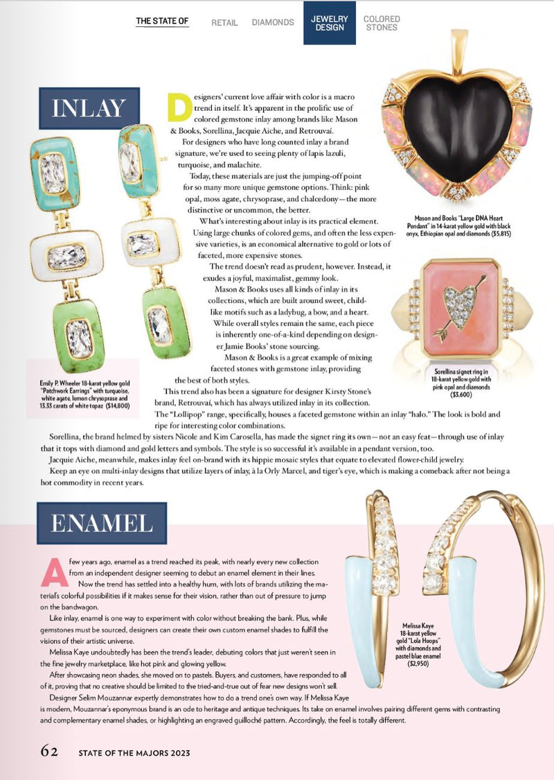 Page from a jewelry magazine showing earrings, a heart-shaped pendant, a ring, and a bracelet.