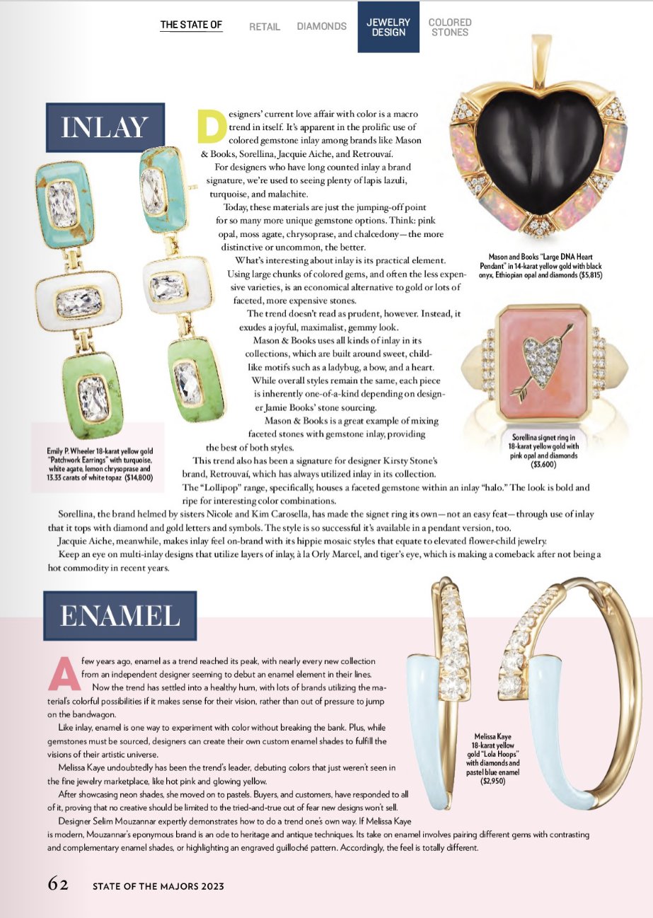 Page from a jewelry magazine showing earrings, a heart-shaped pendant, a ring, and a bracelet.