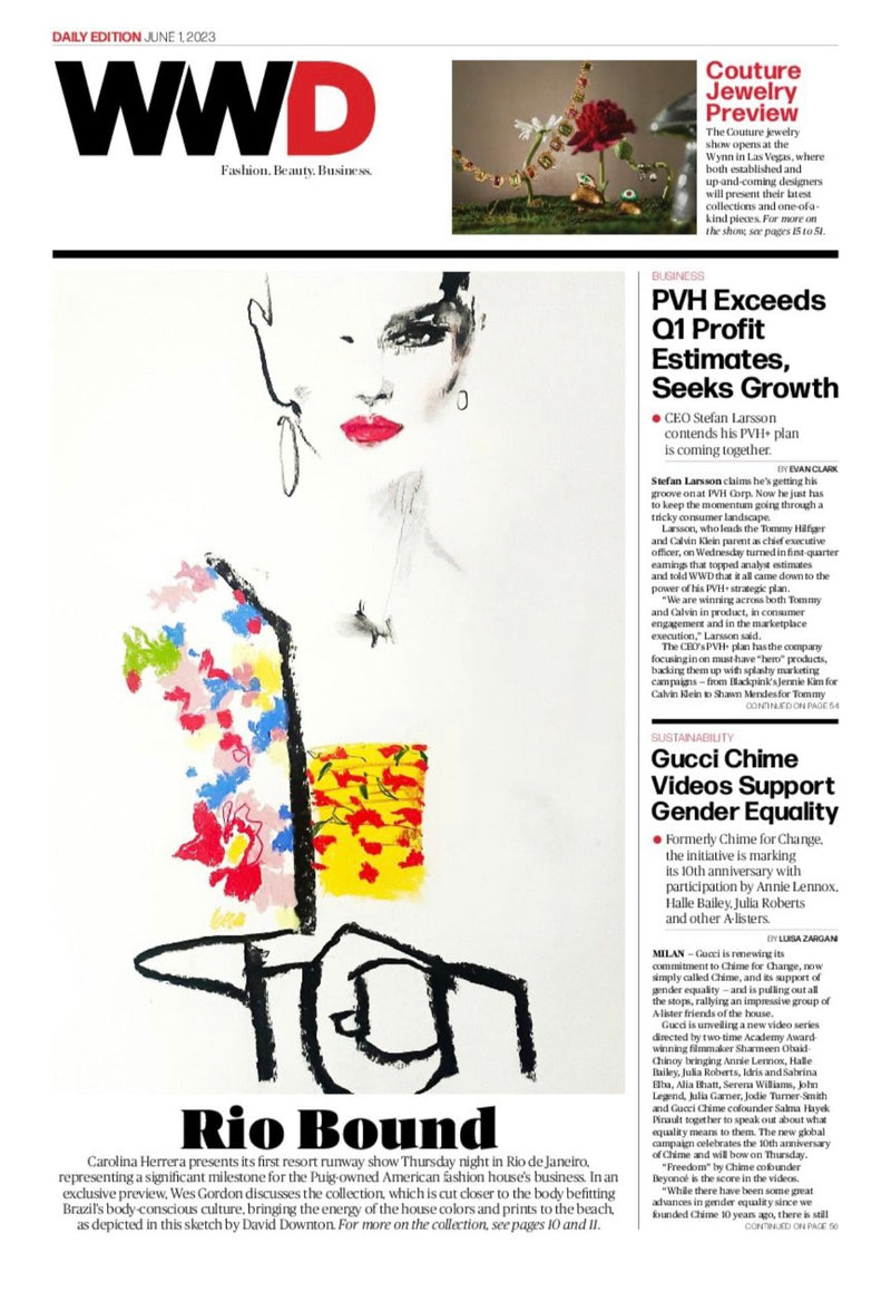 Fashion illustration of a woman with short hair, red lips, wearing colorful floral and patterned clothing.