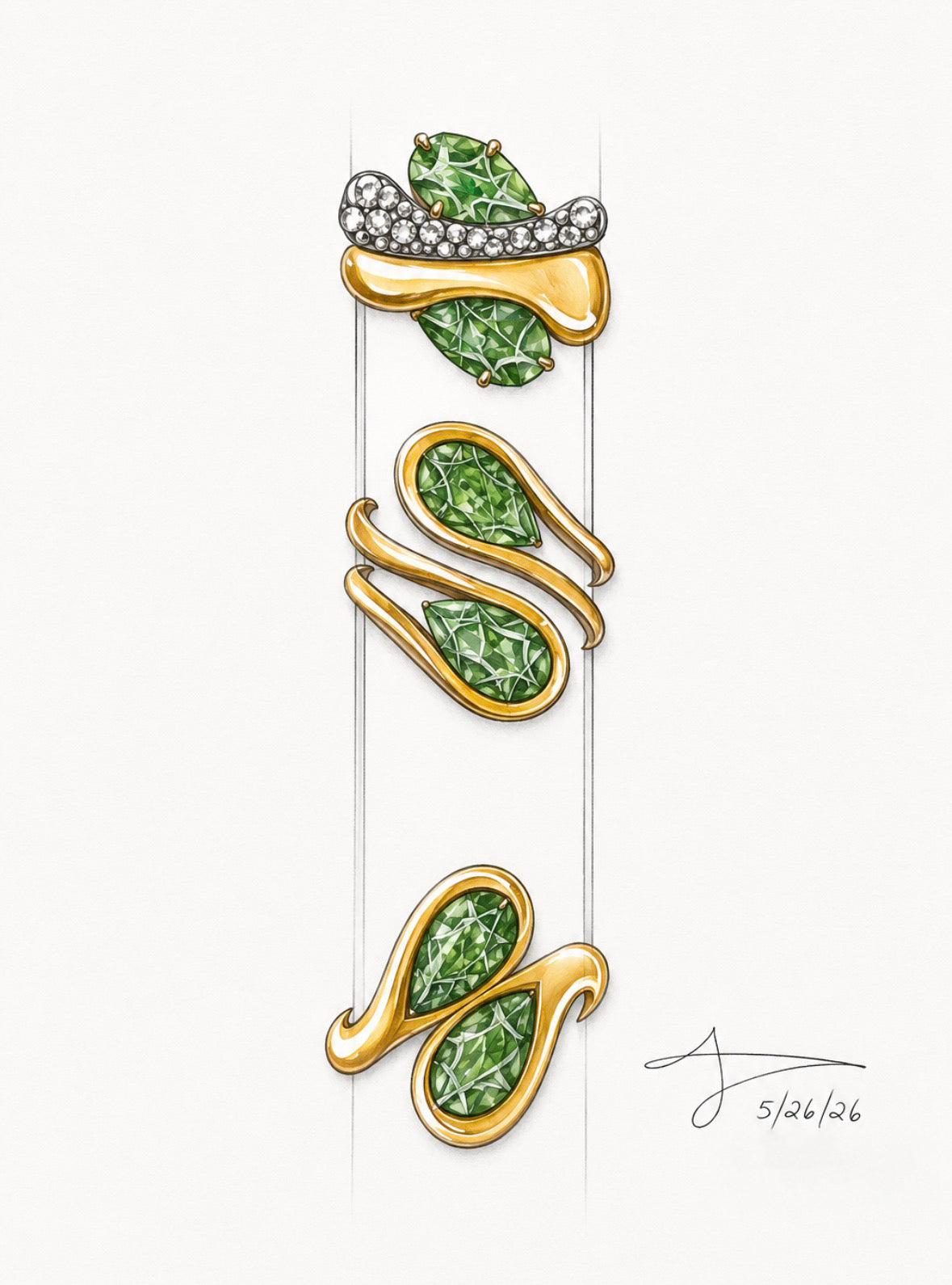 A hand-drawn jewelry design featuring three vertical clusters of gold and green gemstone elements on a plain white background, with a signature and date in the lower right.