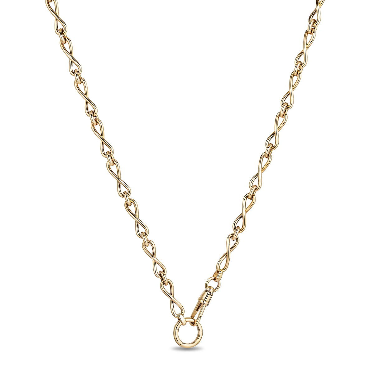 A yellow gold chain necklace with a distinctive twisted rope link design and a small ring clasp, shown against a plain white background.