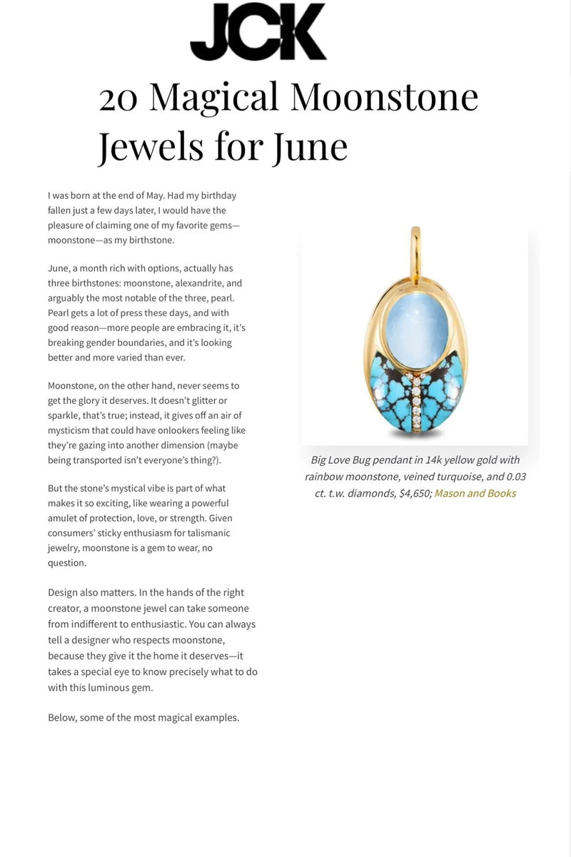 Article about moonstone jewelry featuring a photo of a moonstone pendant with turquoise and diamond accents, priced at $4,650.