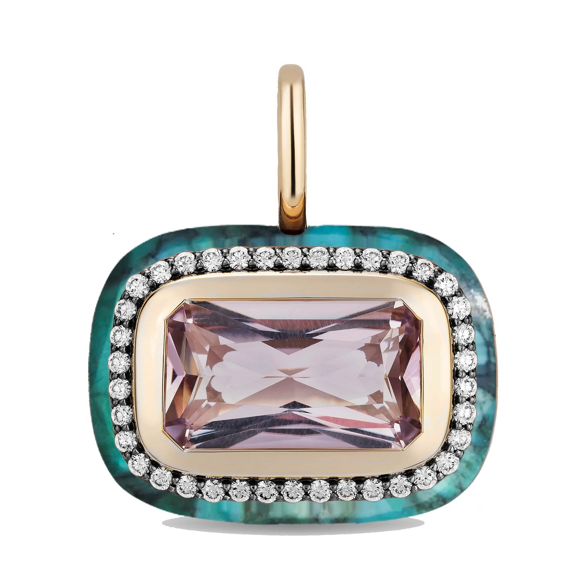 A rectangular pendant featuring a faceted lavender-pink center stone, surrounded by a halo of small clear stones and a textured green-blue outer border, set in a gold-tone frame with a hanging loop at the top.