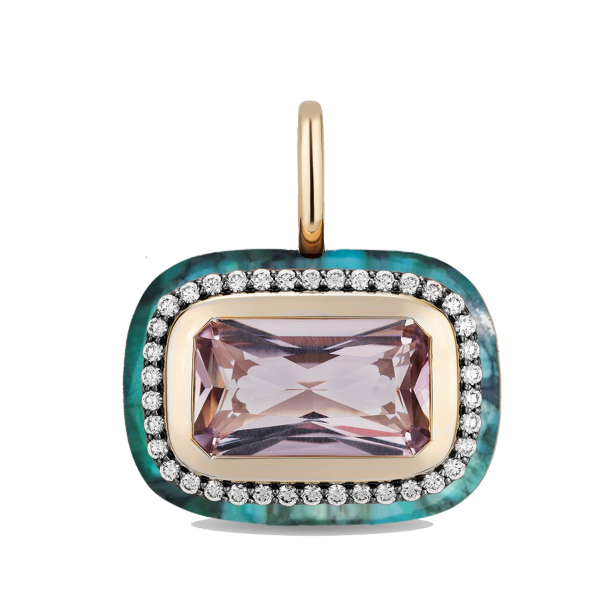 A rectangular pendant featuring a faceted lavender-pink center stone, surrounded by a halo of small clear stones and a textured green-blue outer border, set in a gold-tone frame with a hanging loop at the top.