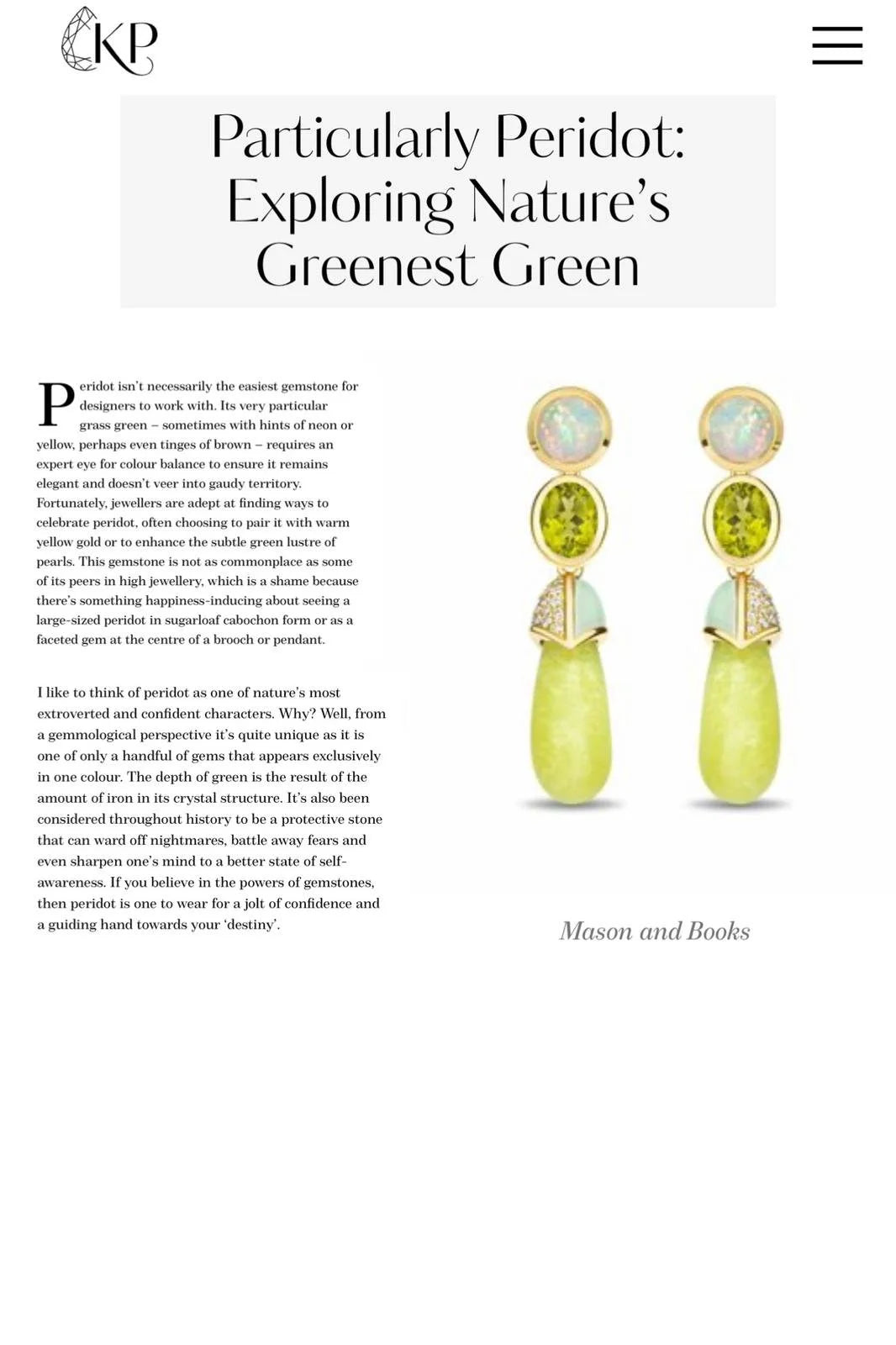 An article titled Particularly Peridot: Exploring Nature's Greenest Green featuring a pair of earrings with peridot gemstones.