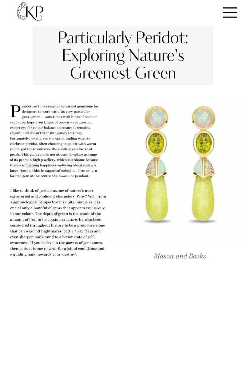 An article titled Particularly Peridot: Exploring Nature's Greenest Green featuring a pair of earrings with peridot gemstones.