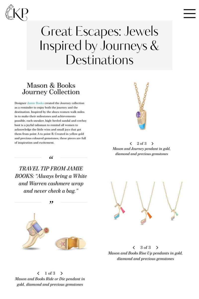 Website homepage showcasing jewelry collection inspired by journeys and destinations.
