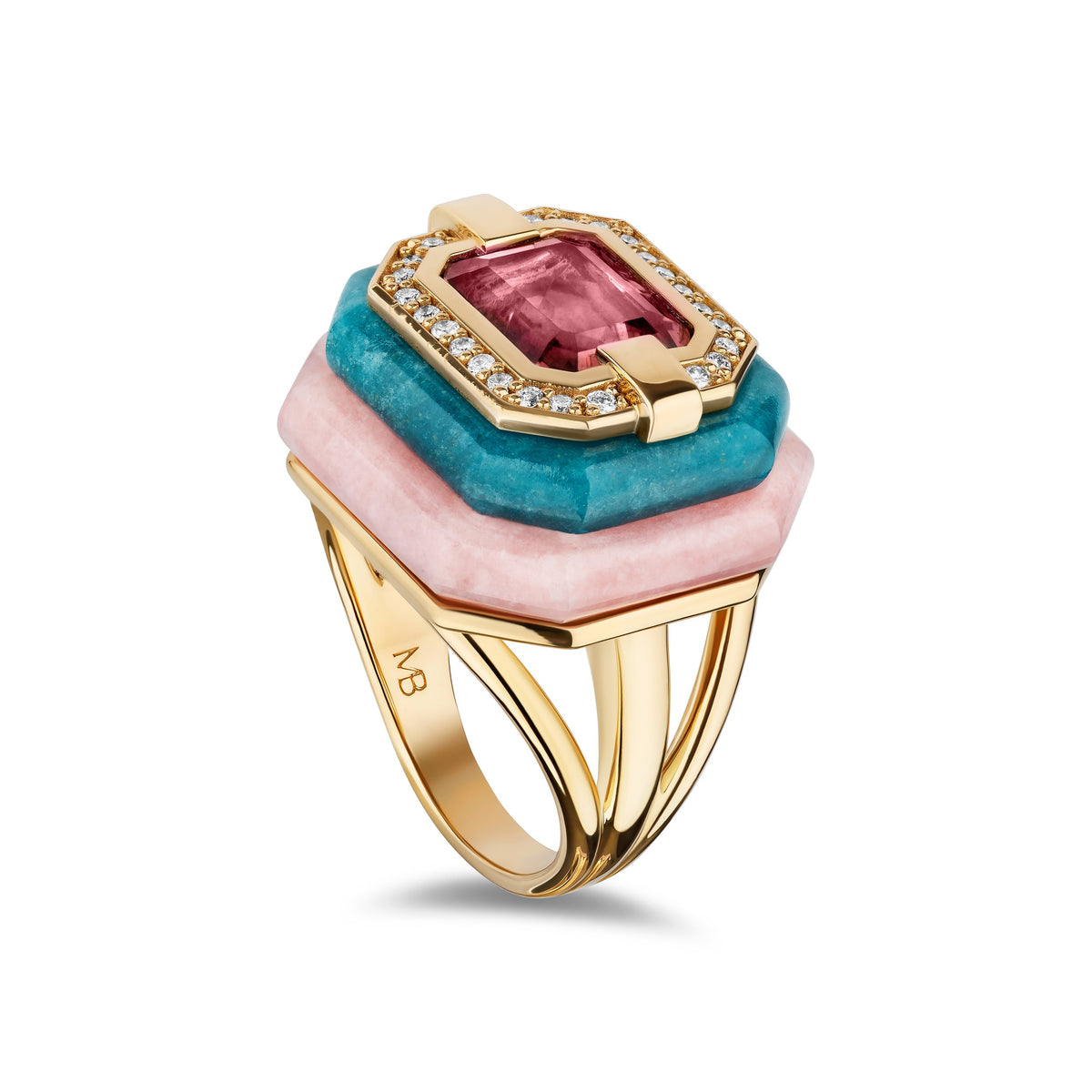 A gold ring featuring a stacked design with a pink emerald-cut gemstone on top, followed by a turquoise stone, a light pink stone, and a border of small clear stones, shown on a white background.