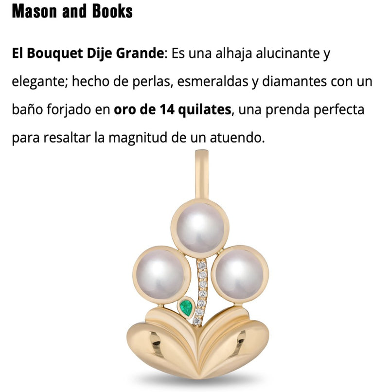 A jewelry piece featuring four large white pearls, a line of small diamonds, and a small green gem set in gold, floral motif.