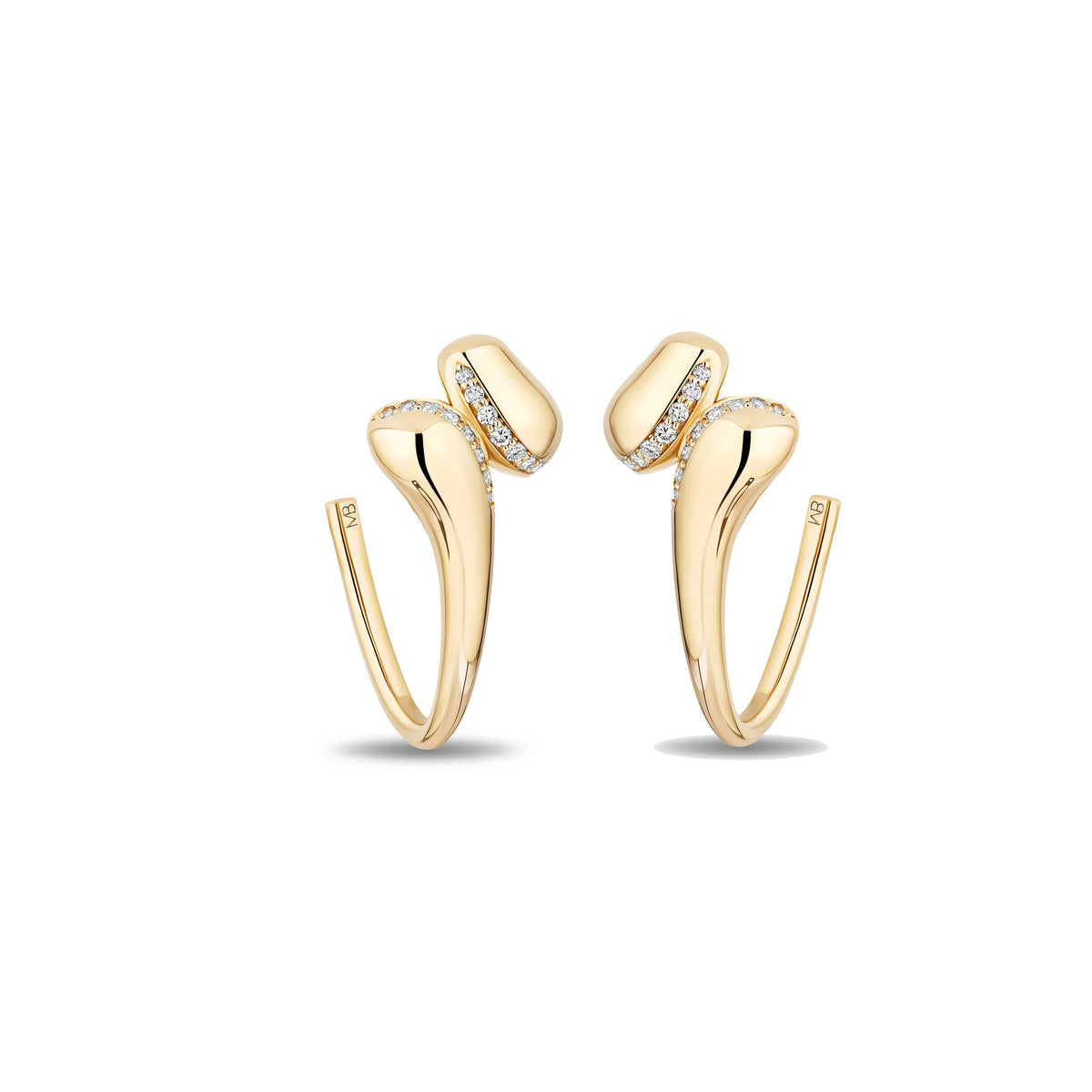 A pair of gold huggie hoop earrings with diamond pavé-set stones, shown on a clean white background.