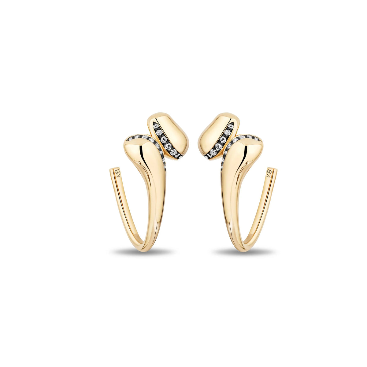A pair of gold huggie hoop earrings with diamonds stones set along the front, shown on a clean white background.