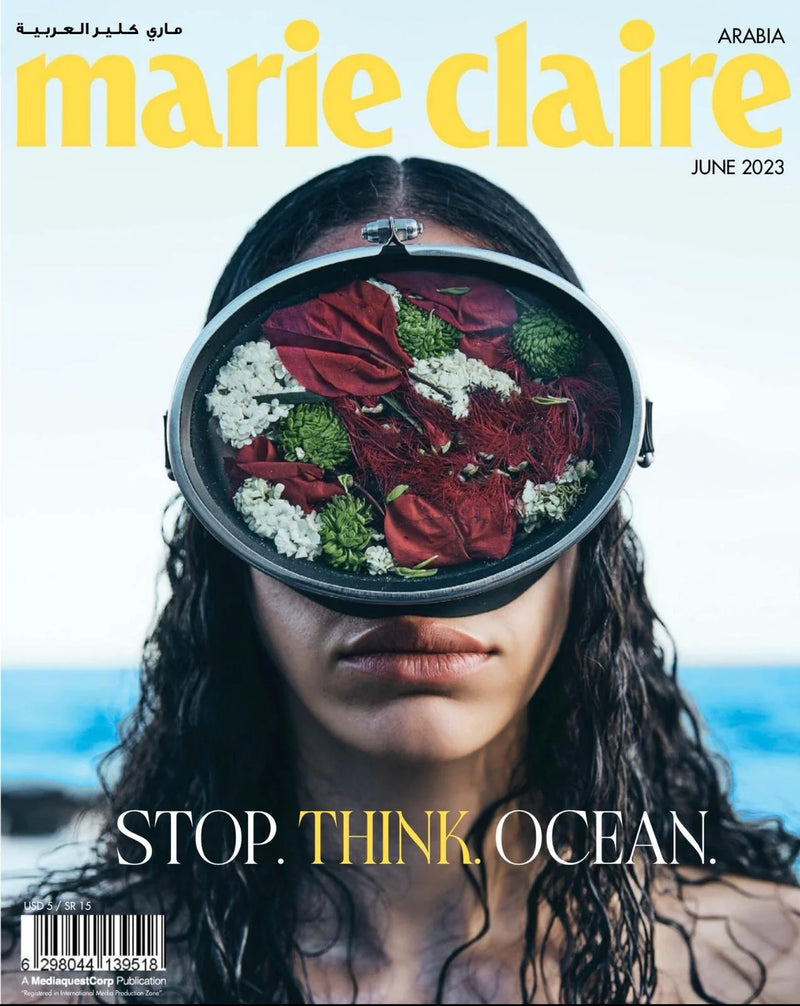 Woman with long dark curly hair wearing goggles filled with ocean-related plants and flowers, text reads Stop. Think. Ocean.