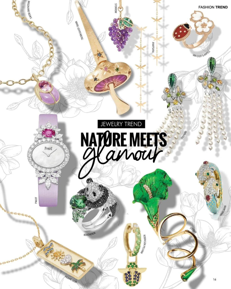 Collage of colorful jewelry including necklaces, rings, earrings, and bracelets, with floral and nature-inspired designs.