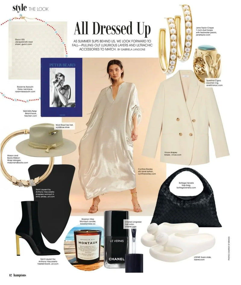 Fashion magazine layout featuring a model in a cream silk dress, jewelry, and accessories.